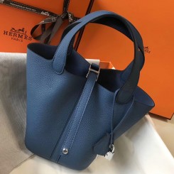 Knockoff High Quality Hermes Picotin Lock 18 Bag In Blue Agate Clemence Leather JM94PP96