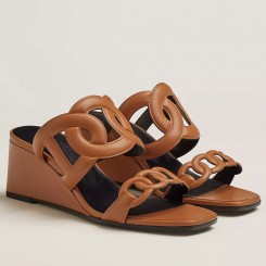 New Hermes Figari 55mm Wedge Sandals In Brown Nappa Leather JM188Az83