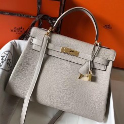 New Hermes Kelly 32cm Bag In Pearl Grey Clemence Leather GHW JM1678Az83