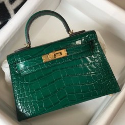 Replica Best Hermes Kelly Mini II Bag In Green Embossed Crocodile Leather JM1095DL25