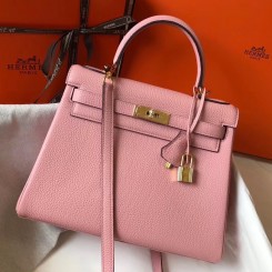 Replica Designer Hermes Kelly 32cm Bag In Pink Clemence Leather GHW JM288Le42