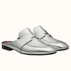 Replica Hermes Catena Mules In Silver Metallic Calfskin JM1689sD46