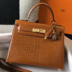 Replica Hermes Kelly 25cm Handmade Bag In Brown Embossed Crocodile Leather JM563mQ18
