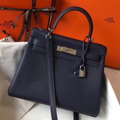 Replica Hermes Kelly 32cm Bag In Dark Blue Clemence Leather PHW JM1786BV51