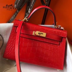 Replica Hermes Kelly Mini II Handmade Bag In Red Crocodile Embossed Leather JM1139yP83