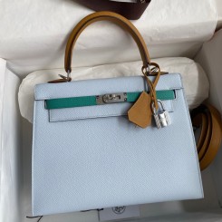Replica Hermes Kelly Sellier 25 Tricolor Bag in Blue/Green/SesameEpsom Calfskin JM1875On56