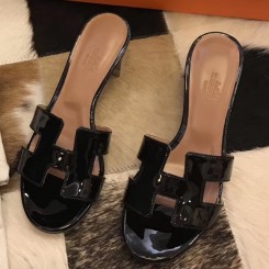 Replica Hermes Oasis Sandals In Black Patent Calfskin JM420Ay93