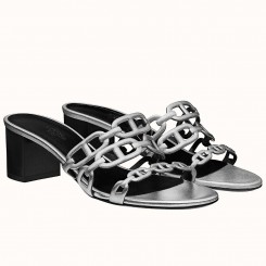 Replica Hermes Tandem Sandals In Silver Metallic Calfskin JM2056BH97