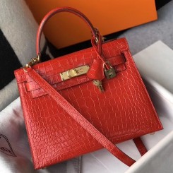 Top Hermes Kelly 25cm Handmade Bag In Red Embossed Crocodile Leather JM1840mg19