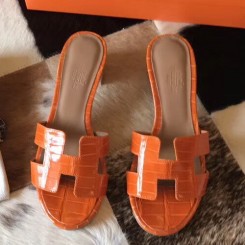 Top Hermes Oasis Sandals In Orange Shiny Niloticus Crocodile JM695He97
