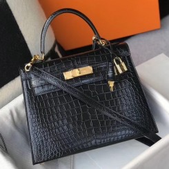 Top Replica Hermes Kelly 25cm Handmade Bag In Black Embossed Crocodile Leather JM1971vQ25