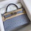 Hermes Kelly Mini II Handmade Bag In Blue Lin Ostrich Leather JM1352jI77