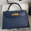 Hermes Kelly Mini II Sellier Handmade Bag In Blue Iris Ostrich Leather JM1428kK84