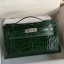 Hermes Kelly Pochette Handmade Bag In Vert Fonce Shiny Alligator Leather JM329Jc39