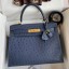 Hermes Kelly Sellier 28 Handmade Bag In Blue Iris Ostrich Leather JM1897AM45