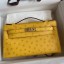 Imitation Hermes Kelly Pochette Handmade Bag In Jaune Ambre Ostrich Leather JM1974nD28