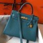 Top Hermes Kelly 32cm Bag In Blue Jean Clemence Leather GHW JM397He97