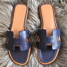 AAAAA Hermes Oran Sandals In Navy Swift Leather JM1682ot71