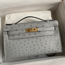 Best Hermes Kelly Pochette Handmade Bag In Blue Glacier Ostrich Leather JM849LC65