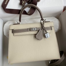 Best Hermes Kelly Sellier 25 Bicolor Bag in Craie and Gris Asphalt Epsom Calfskin JM914YF21
