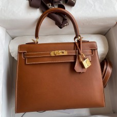 Cheap Hermes Kelly Sellier 25 Handmade Bag In Gold Barenia Calfskin JM620vK93