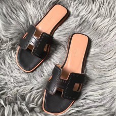 Copy 1:1 Hermes Oran Perforated Sandals In Black Swift Leather JM198OR71