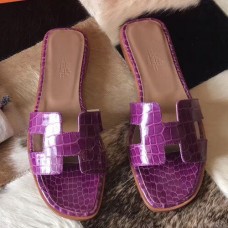 Copy 1:1 Hermes Oran Sandals In Purple Shiny Niloticus Crocodile JM133nF20