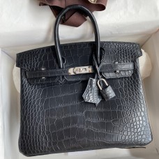 Copy Hermes Birkin 25 Bag In Black Matte Alligator Crocodile Skin JM888it96
