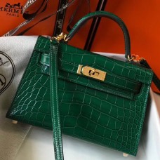 Copy Hermes Kelly Mini II Handmade Bag In Green Crocodile Embossed Leather JM382Wq19