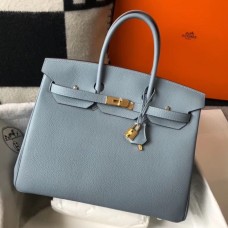 Fake AAAAA Hermes Birkin 35cm Bag In Blue Lin Clemence Leather GHW JM142YK70