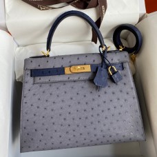 Fake Best Hermes Kelly Sellier 25 Bicolor Bag in Gris Agate and Blue Ostrich Leather JM603HE81