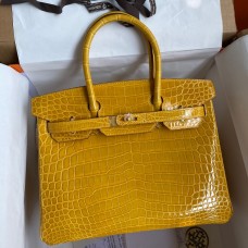 Fake Hermes Birkin 30 Handmade Bag In Jaune Ambre Crocodile Niloticus Shiny Skin JM1075uQ71