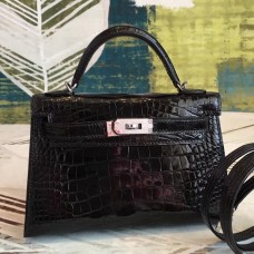Fake Hermes Kelly Mini II Handmade Bag In Black Alligator Crocodile JM451SY47