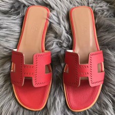 Fake Hermes Oran Perforated Sandals In Red Epsom Leather JM479uQ71