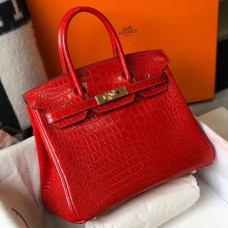 Fake Replica Hermes Birkin 30cm Bag In Red Embossed Crocodile Leather JM1044wE81