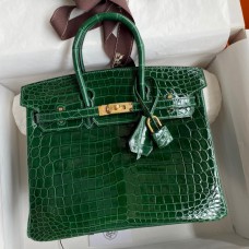 Hermes Birkin 25 Handmade Bag In Malachite Crocodile Niloticus Shiny Skin JM1014cC72