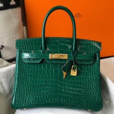 Hermes Birkin 30cm Bag In Green Embossed Crocodile Leather JM1120nF79
