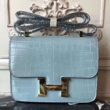 Hermes Blue Lin Constance MM 24cm Crocodile Bag JM317bW68