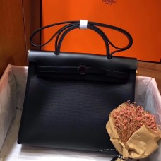 Hermes Herbag Zip 31cm Bag In Black Leather And Toile JM1177eL18