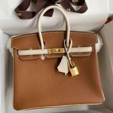 Hermes HSS Birkin 25 Bicolor Bag in Gold and Craie Clemence Leather JM1904tZ32