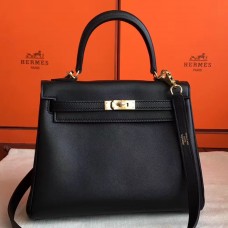 Hermes Kelly 25cm Retourne Handmade Bag In Black Swift Leather JM534kK84