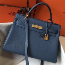 Hermes Kelly 32cm Bag In Blue Agate Clemence Leather GHW JM1878sf78