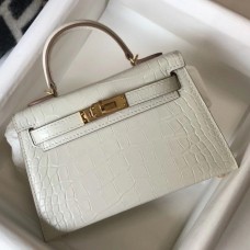 Hermes Kelly Mini II Bag In Beton Embossed Crocodile Leather JM272kv47