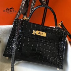 Hermes Kelly Mini II Handmade Bag In Black Crocodile Embossed Leather JM909hI90