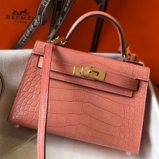 Hermes Kelly Mini II Handmade Bag In Pink Crocodile Embossed Leather JM992Up15