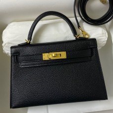 Hermes Kelly Mini II Sellier Handmade Bag In Black Chevre Mysore Leather JM785yx89