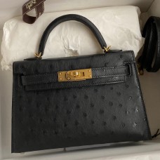 Hermes Kelly Mini II Sellier Handmade Bag In Black Ostrich Leather JM1564bM57