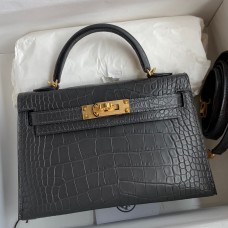 Hermes Kelly Mini II Sellier Handmade Bag In Graphite Matte Alligator Leather JM1003AM45