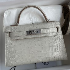 Hermes Kelly Mini II Sellier Handmade Bag In Grey Matte Alligator Leather JM512de71