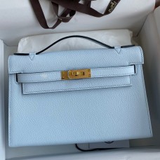 Hermes Kelly Pochette Handmade Bag In Blue Brume Epsom Calfskin JM987Kn73